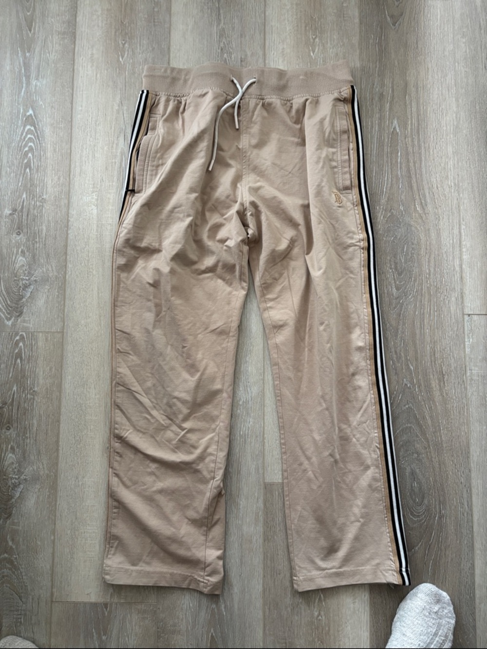 Burberry Tan Track Pants with Black-and-White Side Stripe Length 26 inches